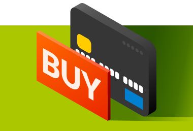 Ilustración en 3D de una tarjeta de crédito oscura y delante un cartel que pone Buy