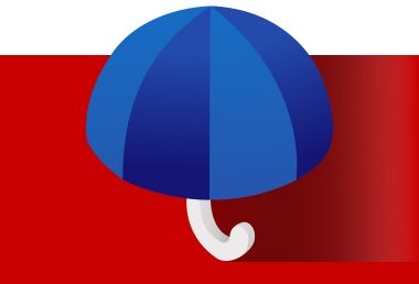 Ilustración en 3D de un paraguas azul abierto con fondo granate