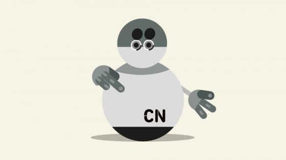 Ilustración de un robot con forma de bola señalándose la barriga