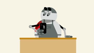 Ilustración de un robot con forma de bola, mirando un móvil detrás de un mostrador