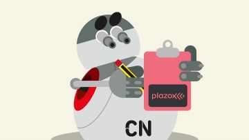 Ilustración de un robot con forma de bola, revisando un listado en una carpeta que pone plazox