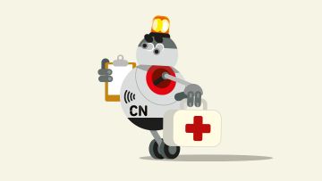 Ilustración de un robot con forma de bola con un botiquín