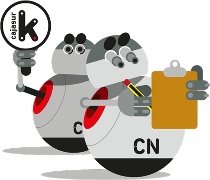 Ilustración de dos robots con, uno revisando un listado y otro con un cartel de Kutxabank