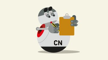 Ilustración de un robot con forma de bola revisando una lista