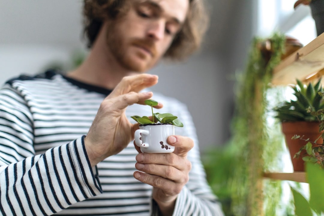 Hombre cuidando de una pequeña planta metida en una taza.